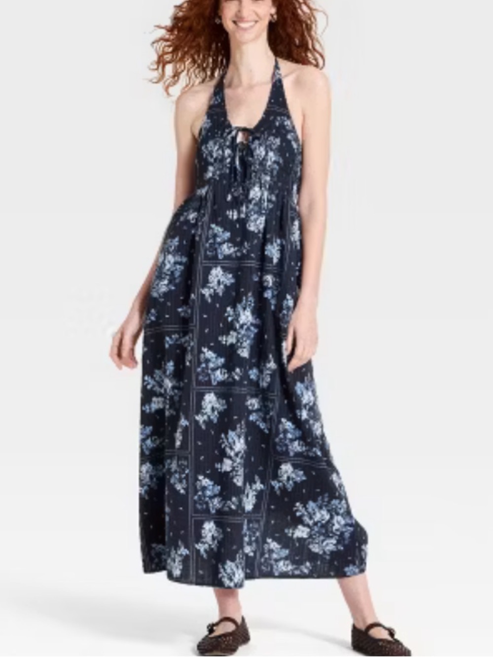 Universal Thread Babydoll Halter 100% Cotton Floral Maxi Dress M